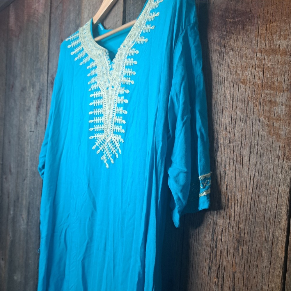 Boho Vintage Hours Aegean Turquoise Gold Moroccan Embroidered Kaftan Maxi Dress